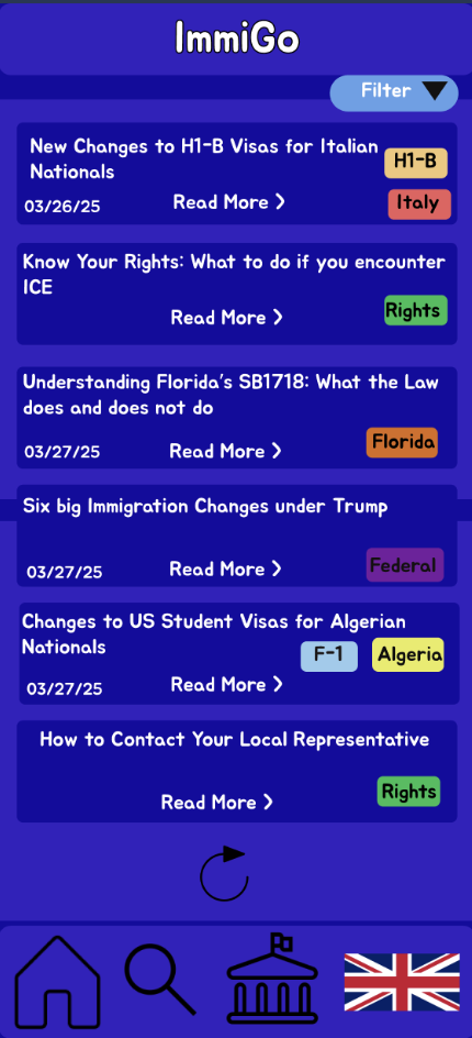 Main feed with article filtering